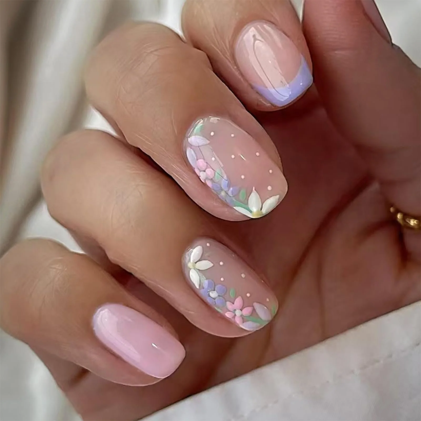 Набор накладных ногтей GlamRays Pink Flowers Short Almond 24 штуки Светло-розовый, фото №1