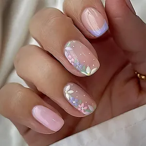 Набор накладных ногтей GlamRays Pink Flowers Short Almond 24 штуки Светло-розовый - Фото 1