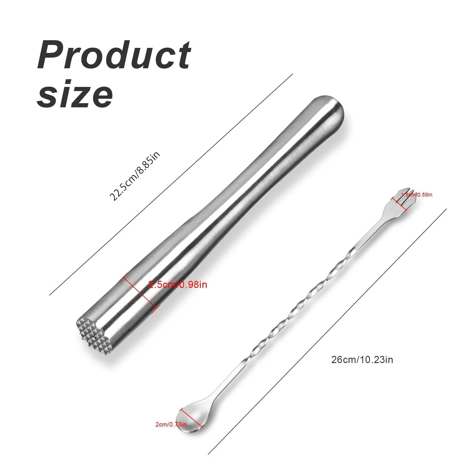 Мадлер для коктейлів PARFCO, нержавіюча сталь, 22.6 см, з двосторонньою ложкою для змішування, сріблястий, фото №2