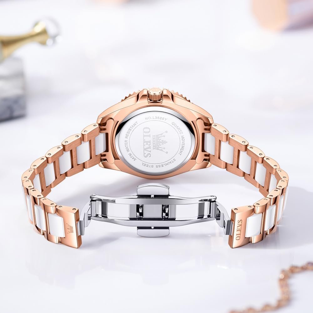 Жіночий годинник OLEVS Rose Gold Кераміка Мода Нержавіюча сталь Водонепроникний Дата, фото №5