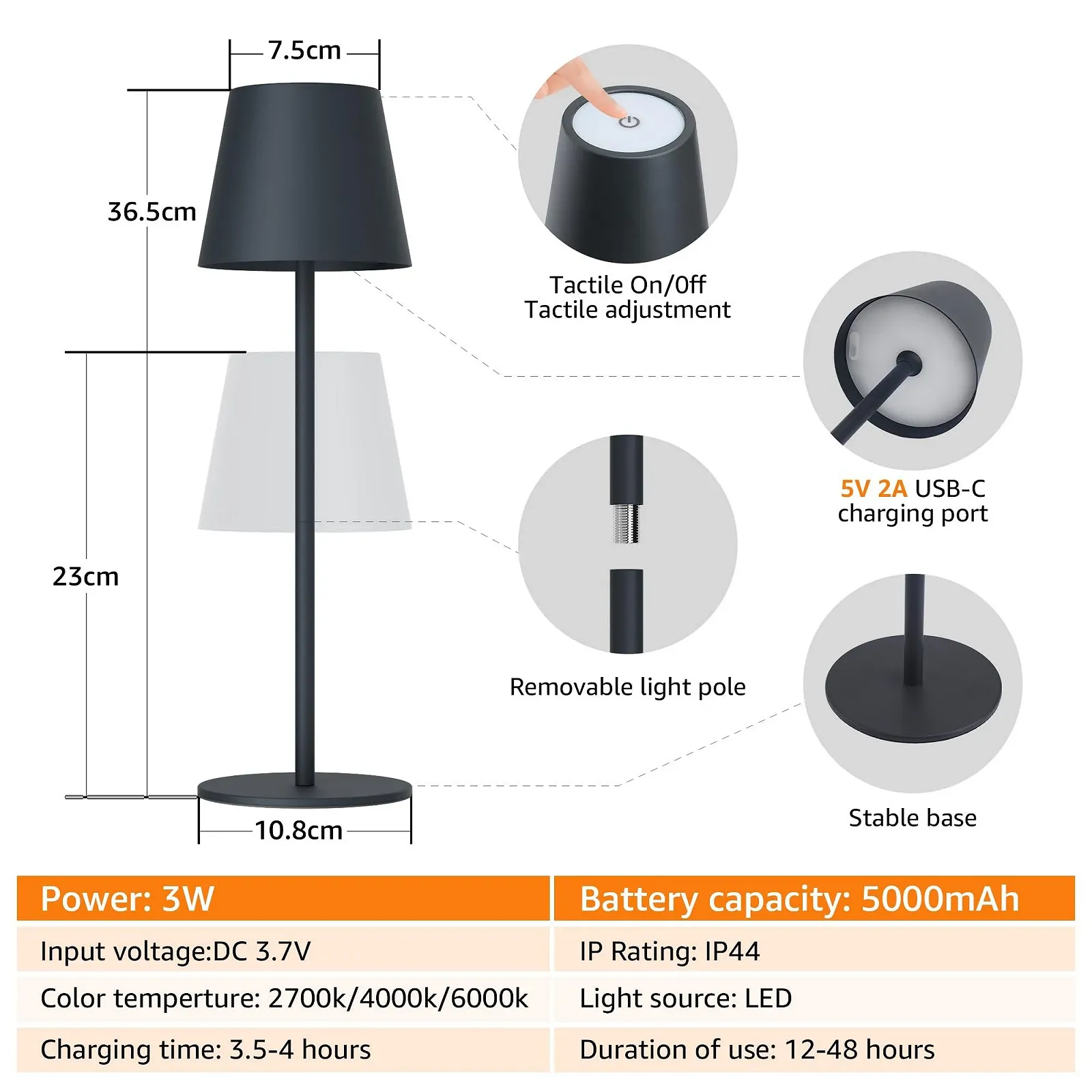 Настільна лампа Aipsun LED Акумуляторна 2 шт. Регульована висота 5000 мАг IP44 Антрацит, фото №5