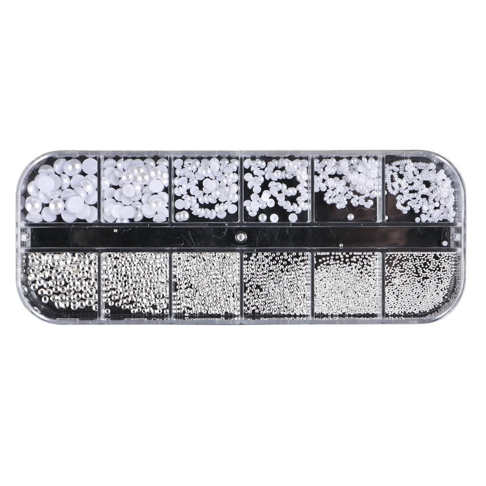Стразы для ногтей Lohill, 1 коробка, 12 размеров, белые жемчужины, полукруглые жемчужные шарики, украшения для ногтей, маленькие бусины из нержавеющей стали, икорные бусины, белые бусины Flatback для женщин, акриловые украшения, фото №1