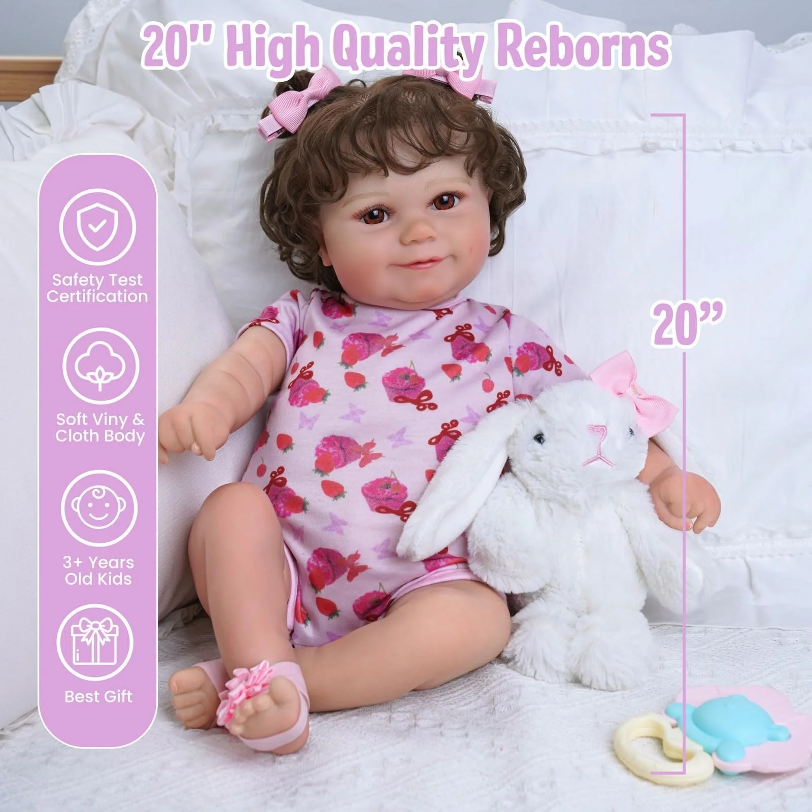 Лялька BABESIDE Reborn 20 дюймів Реалістична м'яке тканинне тіло Малюк дихання серцебиття плаче відкриває очі і посміхається з іграшковими аксесуарами рожевий, фото №5