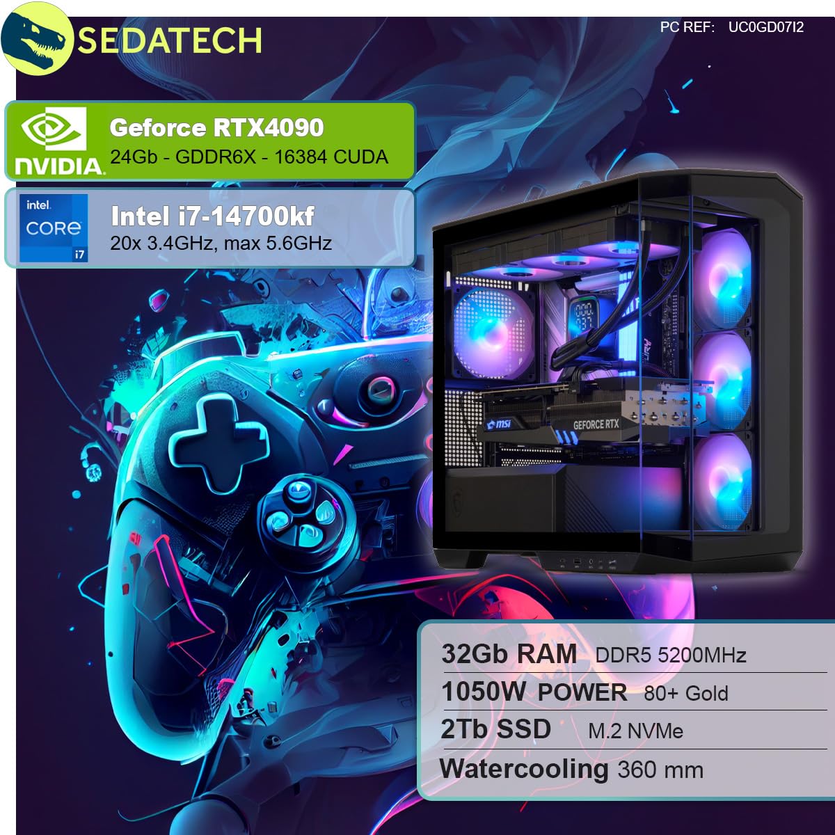 ПК Sedatech Advanced Gaming Water Cooling Intel i7-14700KF RTX4090 32GB DDR5 2TB SSD M.2 Без ОС, фото №2