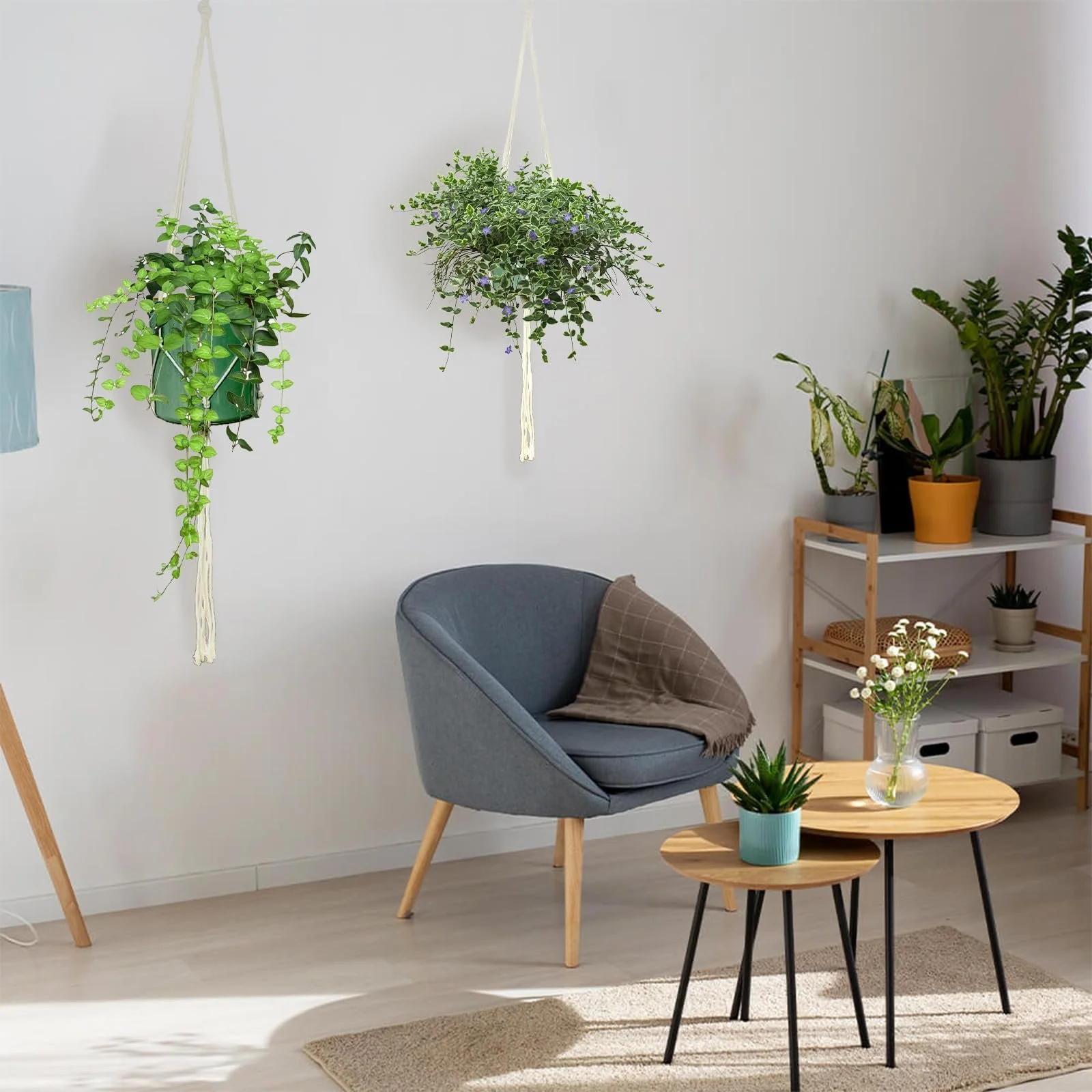 Подвесы макраме для растений 6 шт. хлопковая веревка для помещения и улицы Белый, фото №4