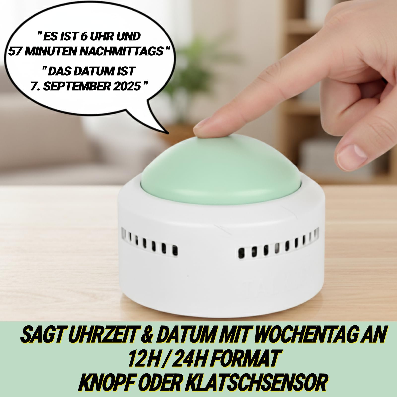 Настільний годинник TalkJoy для сліпих, літніх людей та людей з вадами зору, з датчиком плескання, 5 мов на вибір, 4 будильники на день, підказка часу та дати, німецький голос, фото №3 Настільний годинник TalkJoy для сліпих, літніх людей та людей з вадами зору, з датчиком плескання, 5 мов на вибір, 4 будильники на день, підказка часу та дати, німецький голос, фото №3