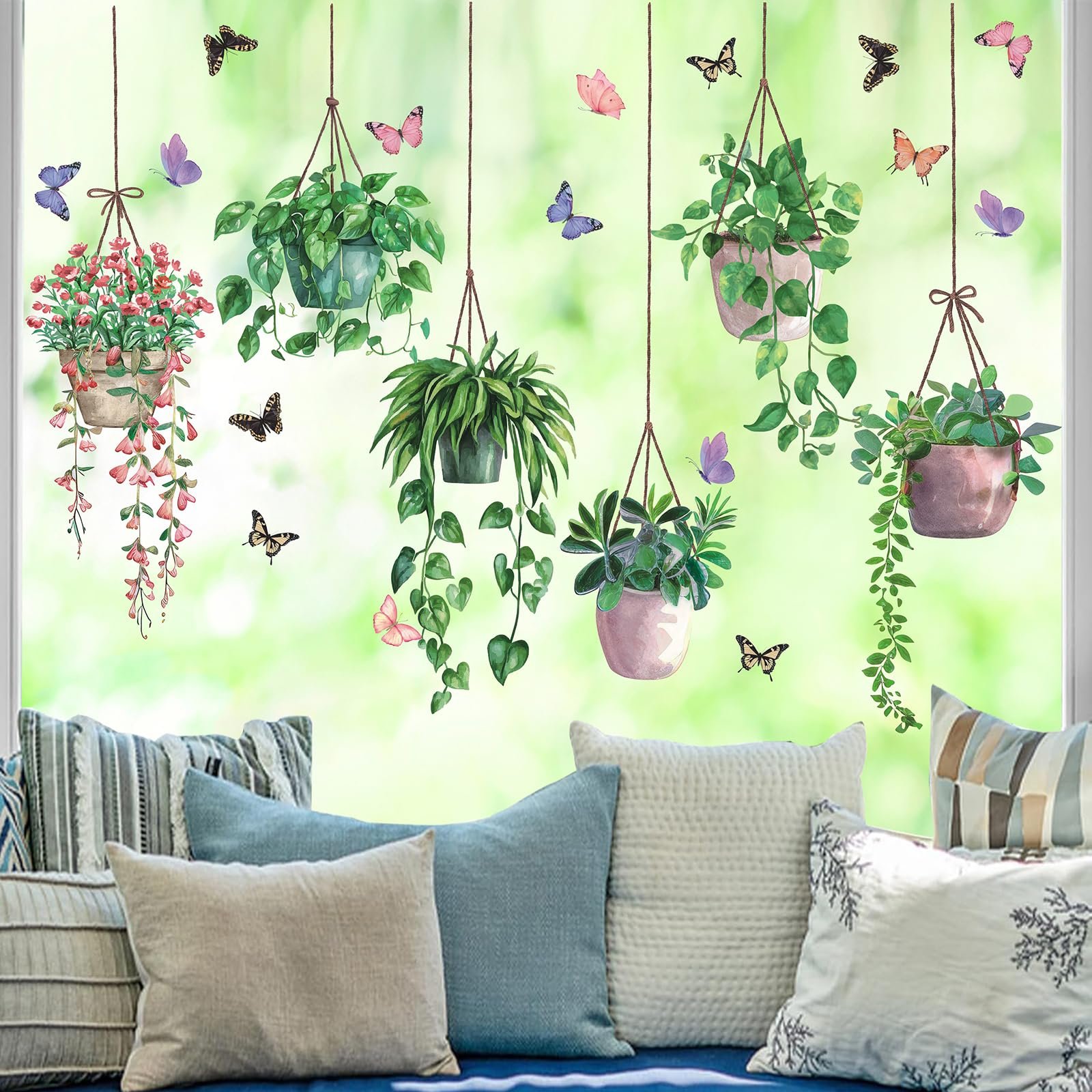 Наклейки на вікно Підвісні кімнатні рослини Весна Зелені рослини Антивідблискові, фото №2 Наклейки на вікно Підвісні кімнатні рослини Весна Зелені рослини Антивідблискові, фото №2