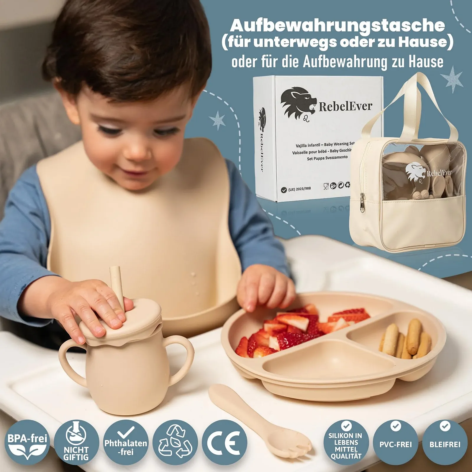 Дитячий набір силіконового посуду з сумкою для транспортування або зберігання, фото №7