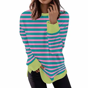 Свитшот CCOOfhhc Oversize В полоску Basic Круглый вырез Длинный рукав Полосатый - Фото 1