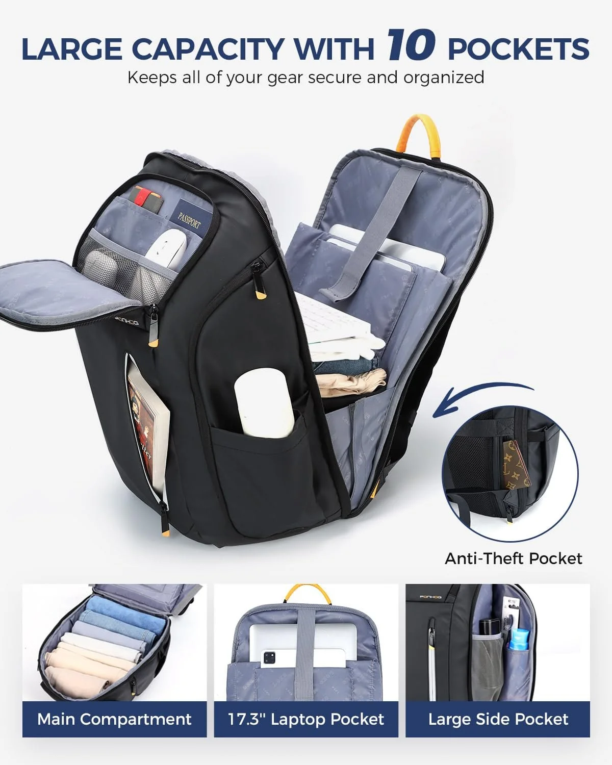 Рюкзак для ноутбука Ponhog Large 17" Travel Anti-Theft Чорний, фото №2 Рюкзак для ноутбука Ponhog Large 17" Travel Anti-Theft Чорний, фото №2