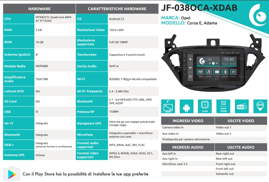 Штатна автомагнітола JFSound JF-038OCA-XDAB для Opel Corsa E / 8" / Сенсорна / 2/16Гб / Android 12 / Bluetooth / WI-FI / GPS / USB / DAB+, фото №5 Штатна автомагнітола JFSound JF-038OCA-XDAB для Opel Corsa E / 8" / Сенсорна / 2/16Гб / Android 12 / Bluetooth / WI-FI / GPS / USB / DAB+, фото №5