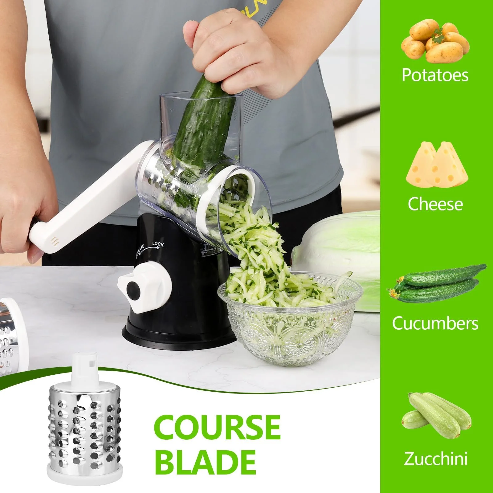 Ручна терка Diealles Shine, з ручкою, для овочів, з 3 змінними барабанними лезами з нержавіючої сталі, фото №3