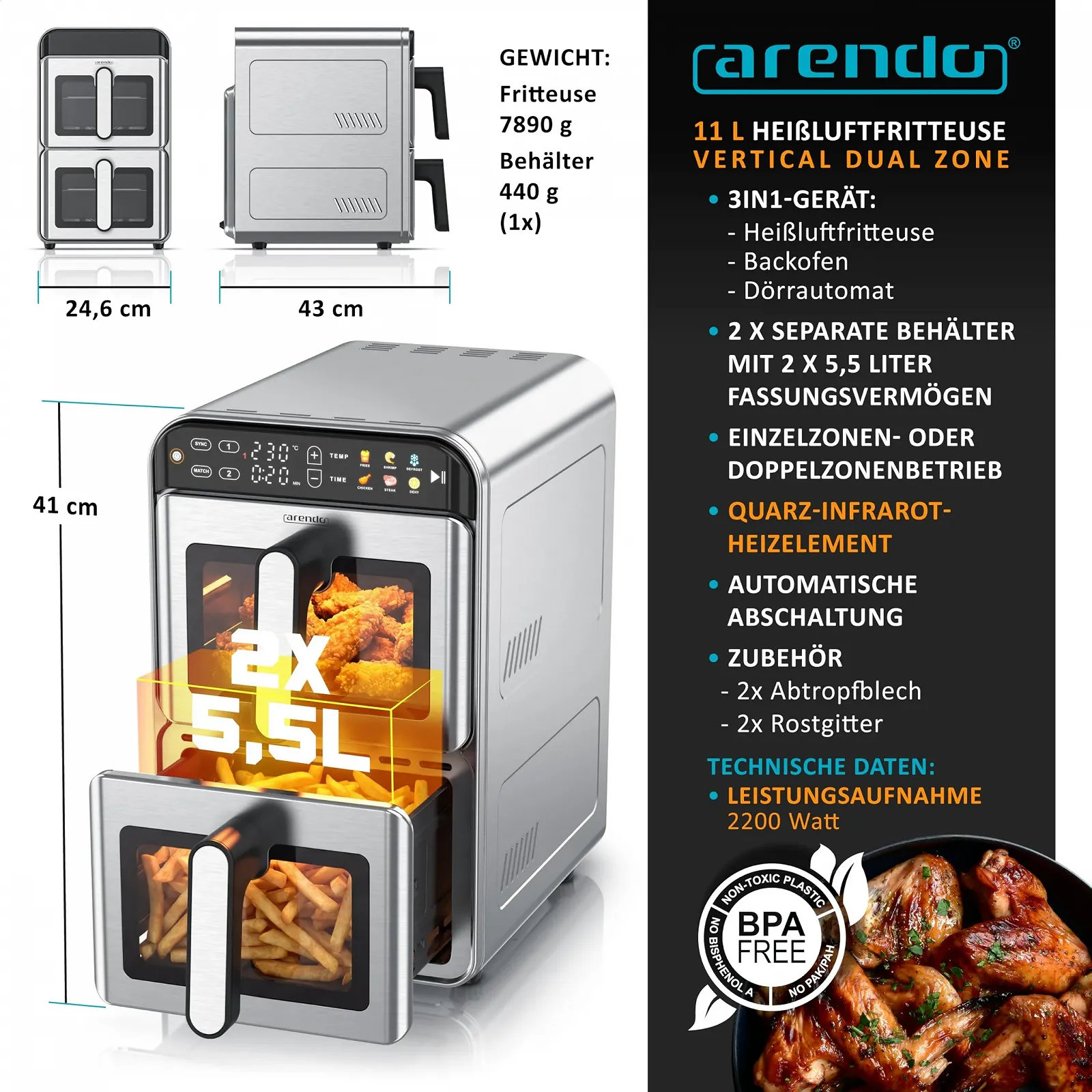 Мультипіч Arendo Hot Air Fryer XXL 11 л 2200 Вт двокамерна з вікном нержавіюча сталь, фото №2