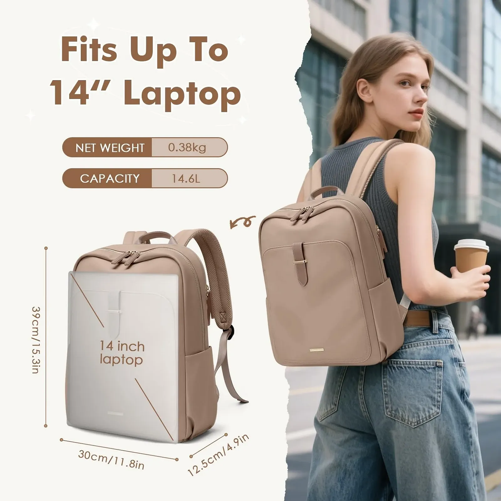 Рюкзак 14 дюймов 16 L Champagne Brown Modern Minimalist, фото №4 Рюкзак 14 дюймов 16 L Champagne Brown Modern Minimalist, фото №4