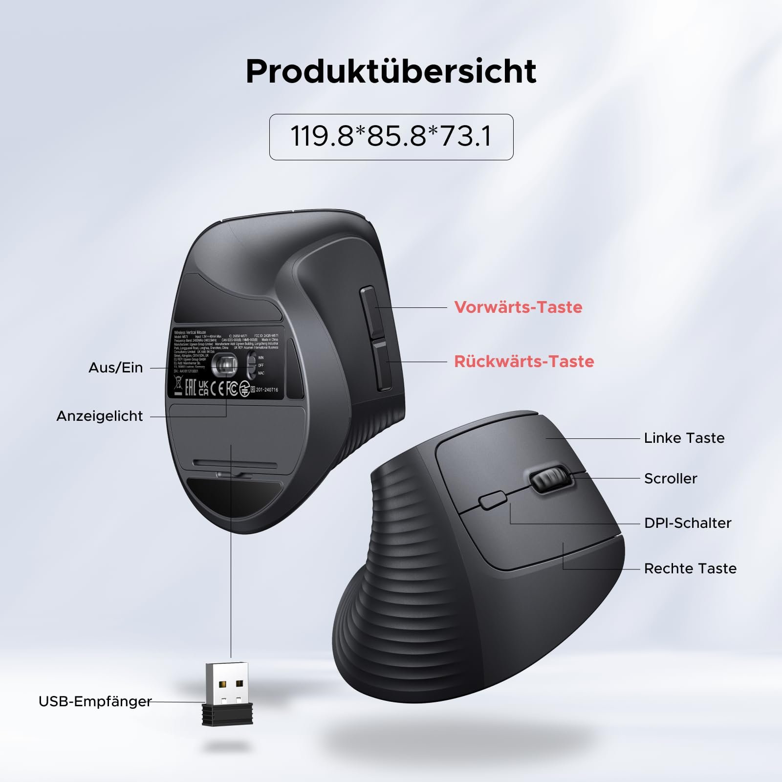 Миша UGREEN Вертикальна Бездротова 2.4G Ергономічна 1000/1600/2000/4000 DPI, 6 Кнопок, фото №7