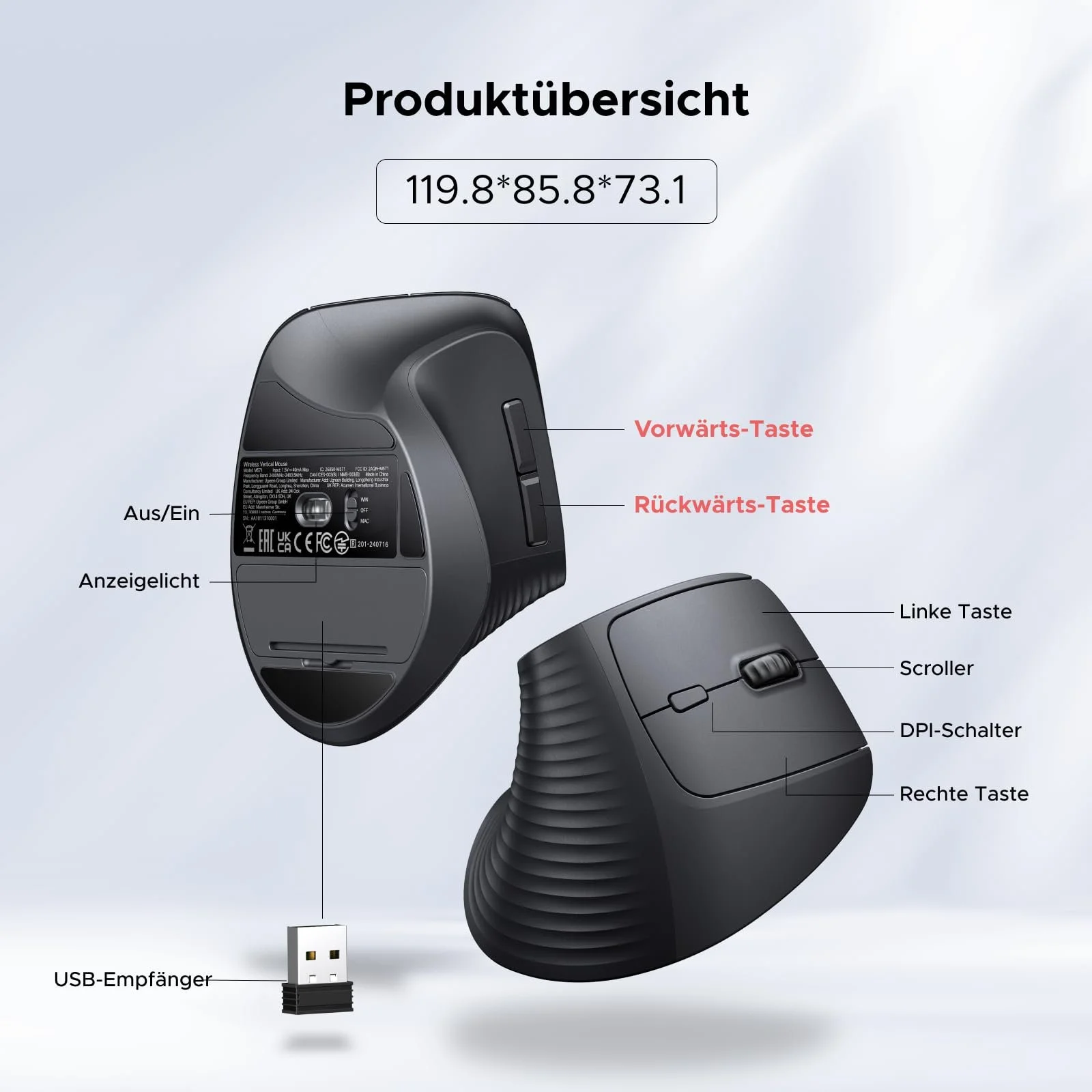 Мышь UGREEN Вертикальная Беспроводная 2.4G Эргономичная 1000/1600/2000/4000 DPI, 6 Кнопок, фото №7