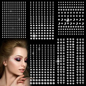 Блестки для лица, 850 штук блестящих самоклеящихся камней, 5 листов страз для лица, серебряные блестки для лица, глаз, тела, ногтей для фестиваля, карнавального макияжа - Фото 1