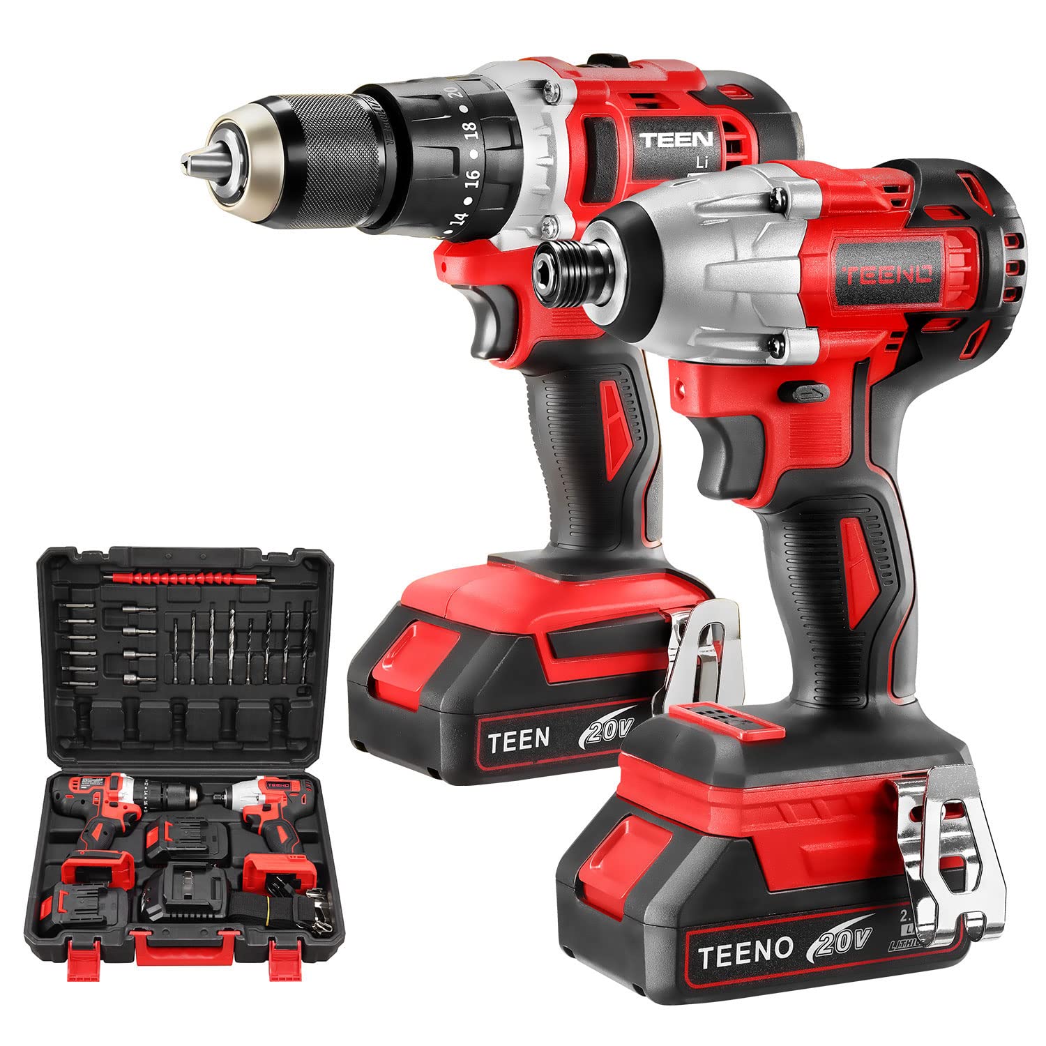 Гайковерт TEENO Ударный 100 Nm Аккумуляторная Дрель Перфоратор 2 аккумулятора 2.0 Ah зарядное устройство 25 аксессуаров 2 инструмента, фото №1