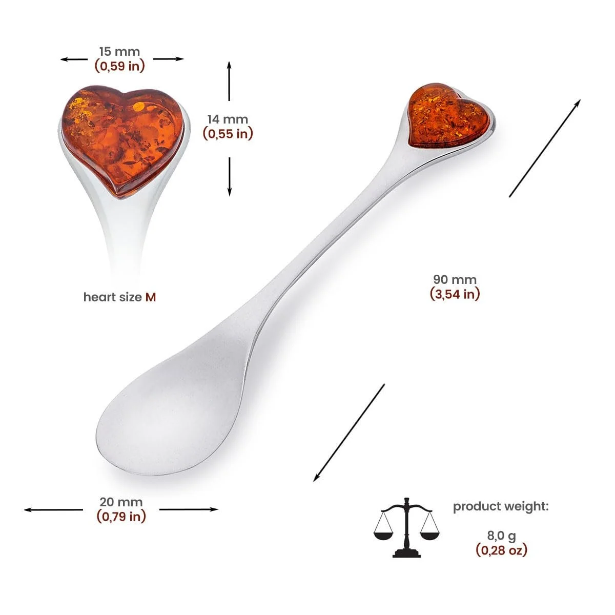 Ложка Сувенірна Sterling Silver Polished Baltic Amber Серце M Срібна, фото №2