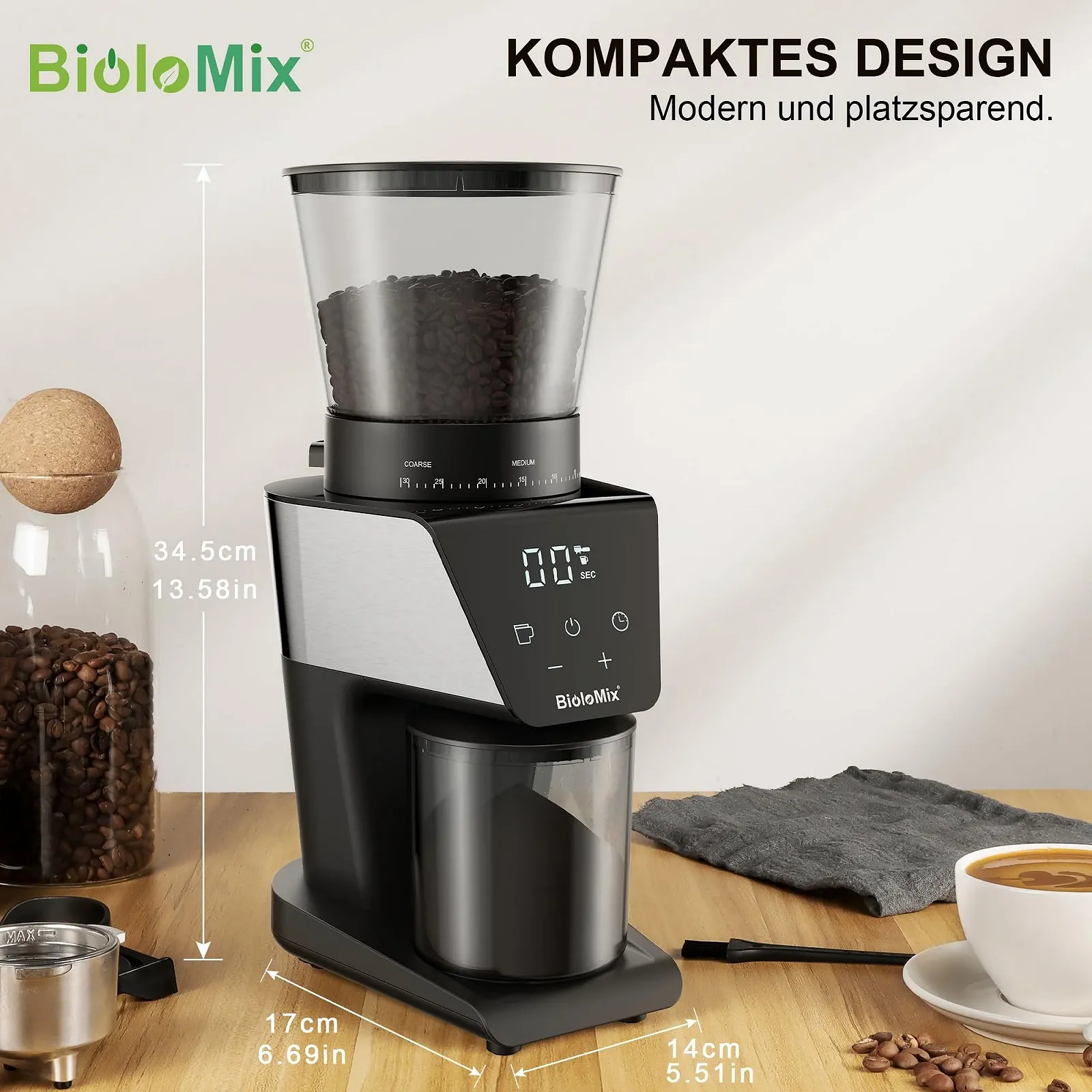 Электрическая конусная кофемолка Biolomix с сенсорным цифровым таймером и держателем фильтра, электрическая регулируемая, фото №8