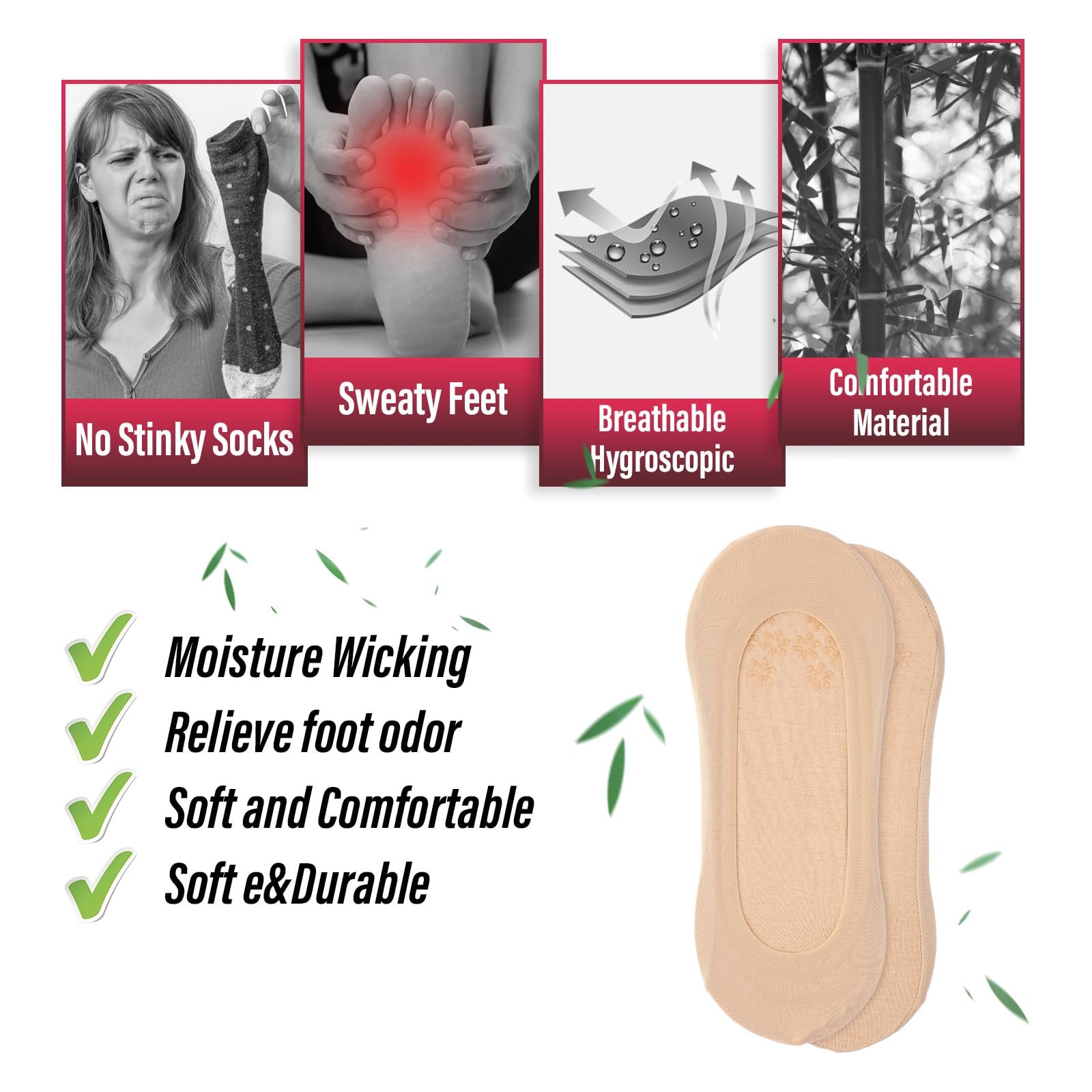 Носки Teaaha, набор 6 шт., 39-42, носки до щиколотки, спортивные носки, противоскользящие балетки, невидимые дышащие полуноски, телесного цвета, фото №3