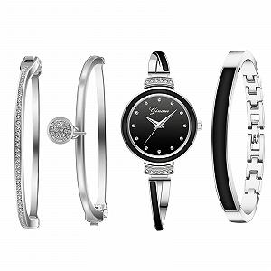 Набор: Женские Часы-Браслет JewelryWe из 4 штук, Аналоговые Кварцевые Часы, Металлический Браслет со Стразами, Хрустальный Браслет - Фото 1