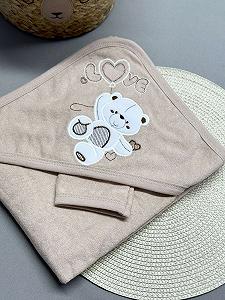 Махровий рушник-куточок для малюка та мочалка Ведмедик бежевий - Фото 1