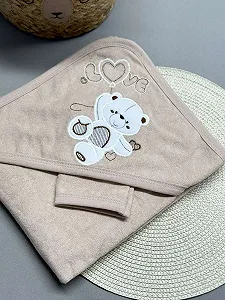 Купити Махровий рушник-куточок для малюка та мочалка Ведмедик бежевий - Фото 1 Махровий рушник-куточок для малюка та мочалка Ведмедик бежевий - Фото 1