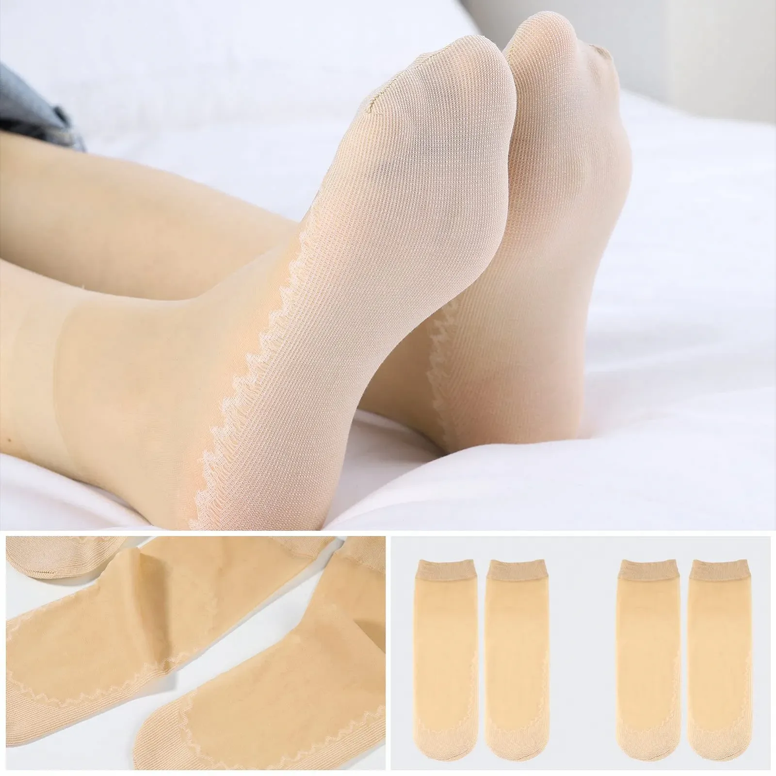 Носки Женские 20 пар Нейлоновые носки-следки с нескользящей хлопковой подошвой Полупрозрачные шелковистые усиленные пальцы Невидимые носки для женщин Девочек Черный Телесный цвет M, фото №4