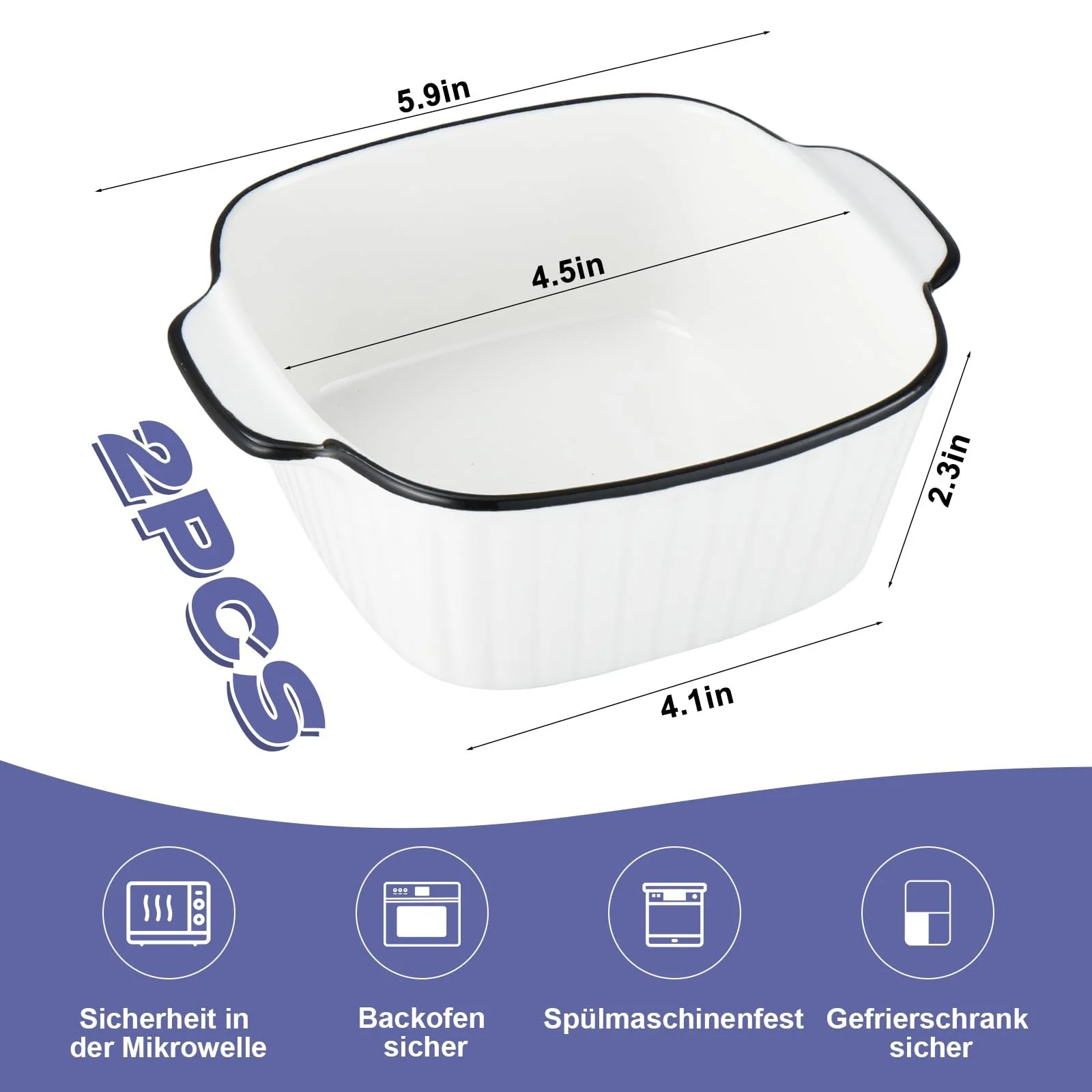 Набір форм для запікання 2 шт. керамічні квадратні 14.5 x 12 x 5.5 см 400 мл білі з чорними смугами, фото №2