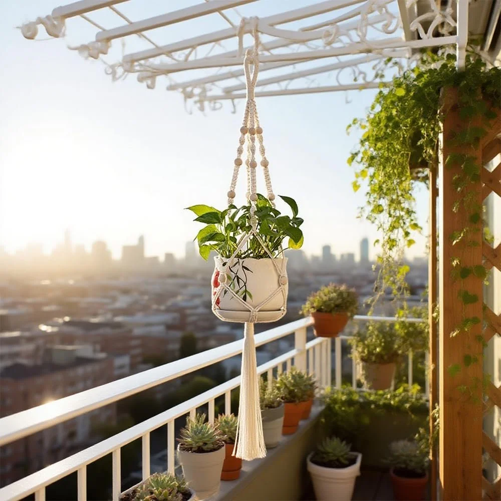 Підвісний тримач для рослин Макраме Набір з 2 предметів Бавовняна мотузка Bohemian Style, фото №5