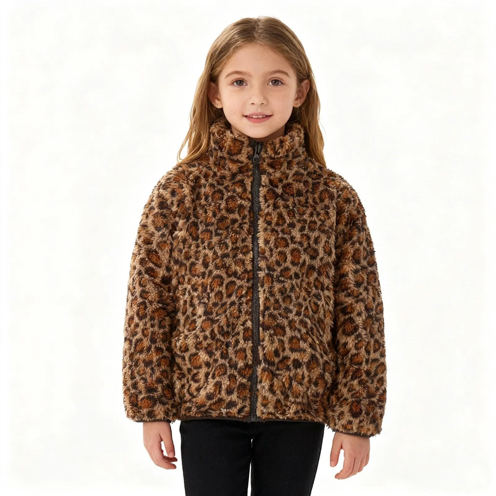 Куртка Generisch Зимняя для девочек, искусственный леопардовый принт, стойка-воротник, карманы, длинный рукав, корейский стиль, верхняя одежда для детей, уютное пальто, фото №3