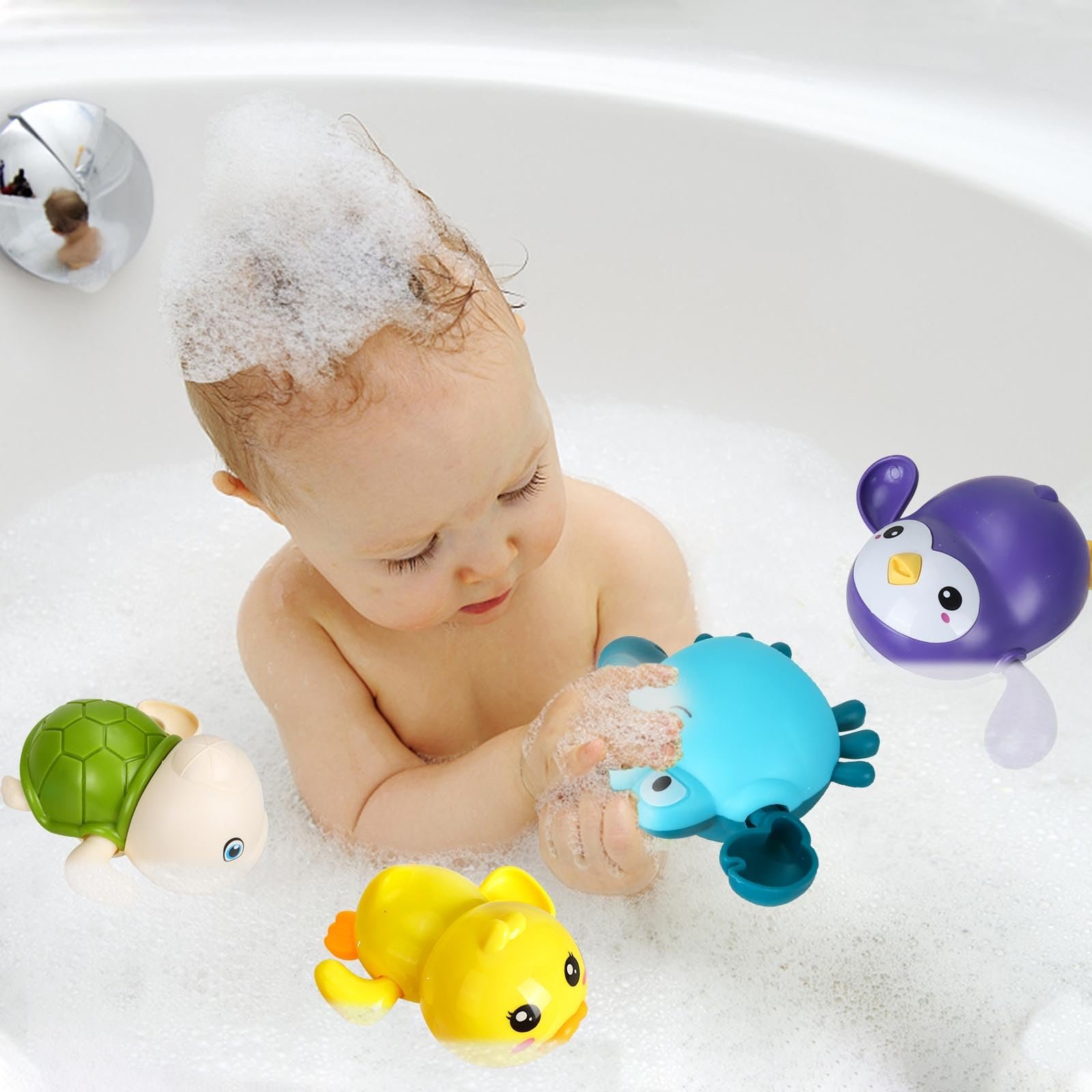 Набір іграшок для ванни, заводний механізм, Качка, Черепаха, Краб, Пінгвін, для дітей від 1 до 4 років, фото №6