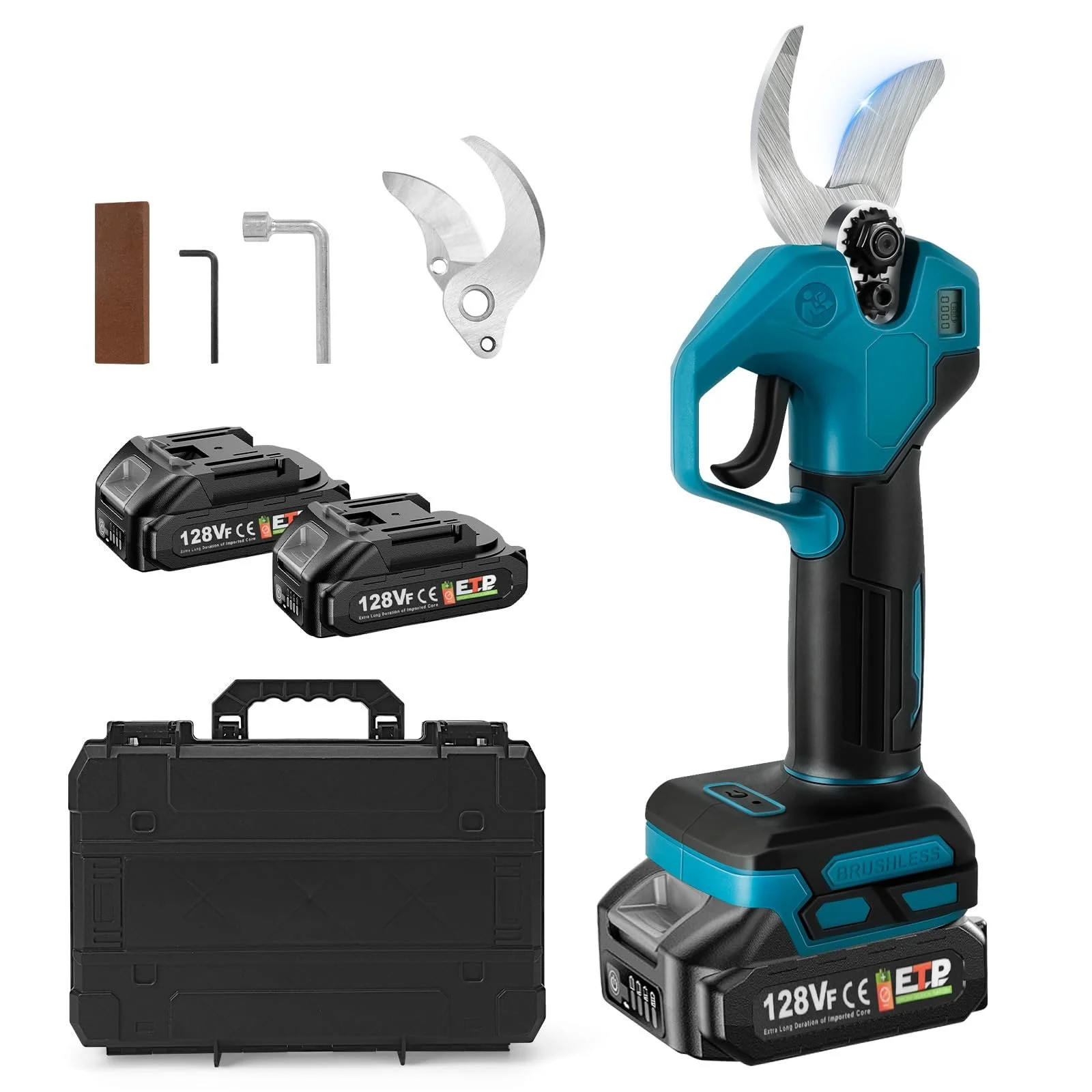 Акумуляторний гілкоріз WingFly, електричний секатор з 2 акумуляторами, безщітковий двигун, максимальний діаметр різання 28 мм, синій, фото №1