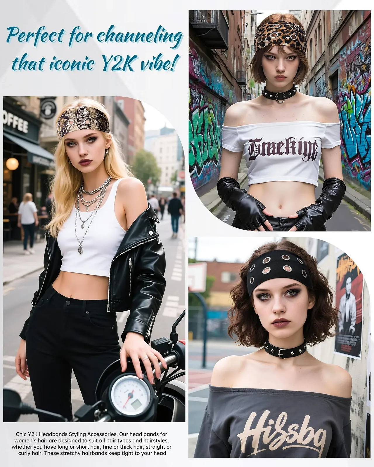 Пов'язка на голову Y2k Широка з металевими люверсами для жінок, 3 шт, фото №5 Пов'язка на голову Y2k Широка з металевими люверсами для жінок, 3 шт, фото №5