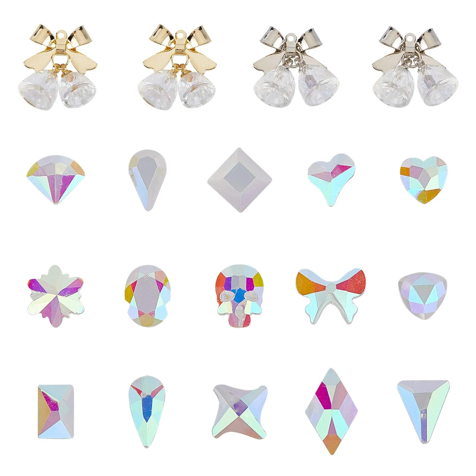 Набор страз для ногтей NICENEEDED, 4 шт. 3D украшения для ногтей в виде колокольчиков и 100 шт. кристаллов для ногтей больших смешанных размеров с плоской задней частью для женского дизайна ногтей, фото №1 Набор страз для ногтей NICENEEDED, 4 шт. 3D украшения для ногтей в виде колокольчиков и 100 шт. кристаллов для ногтей больших смешанных размеров с плоской задней частью для женского дизайна ногтей, фото №1