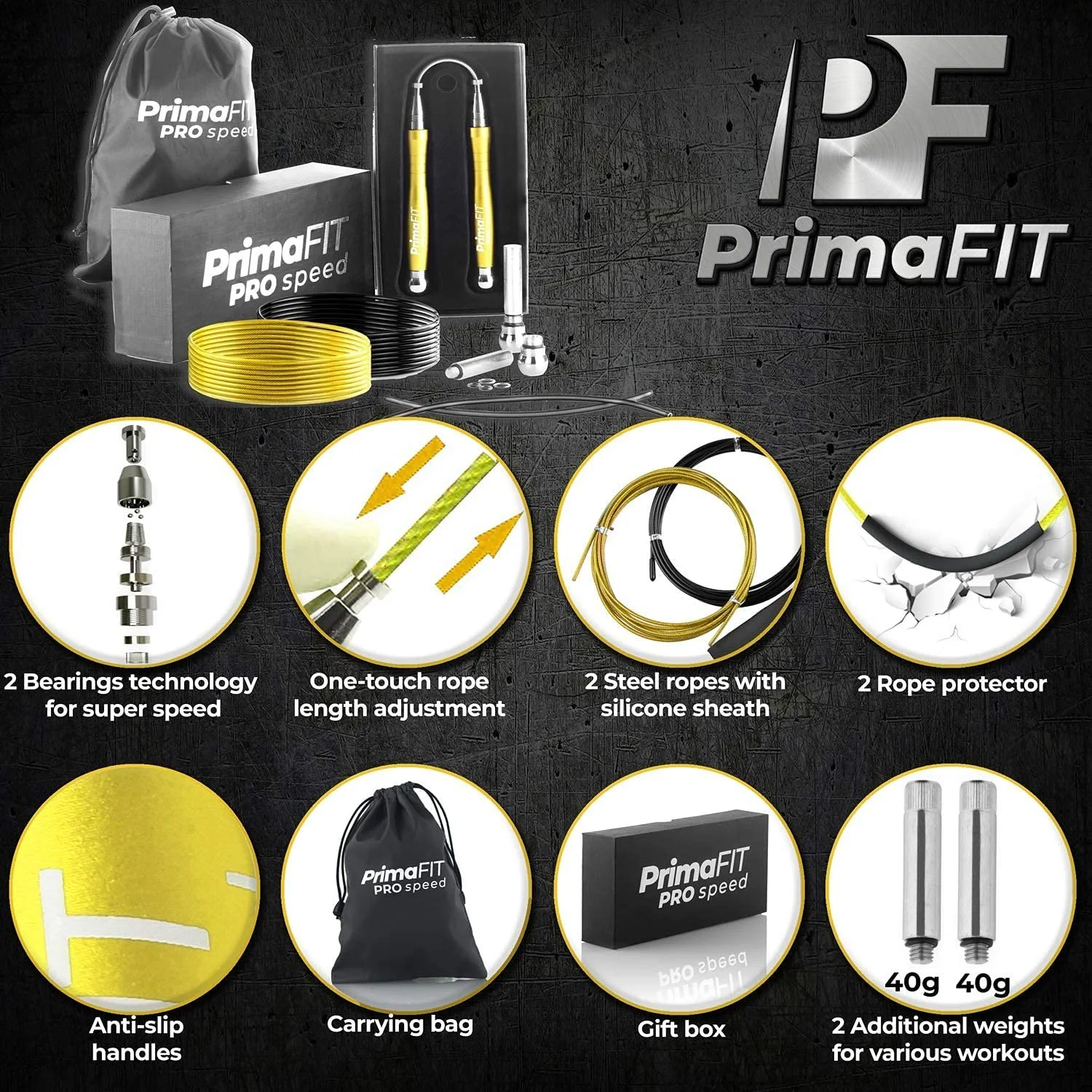 Скакалка PrimaFIT Pro Speed швидкісна, регульована, з обтяжувачами, 2 підшипники, алюмінієві ручки, 3 м, фото №2