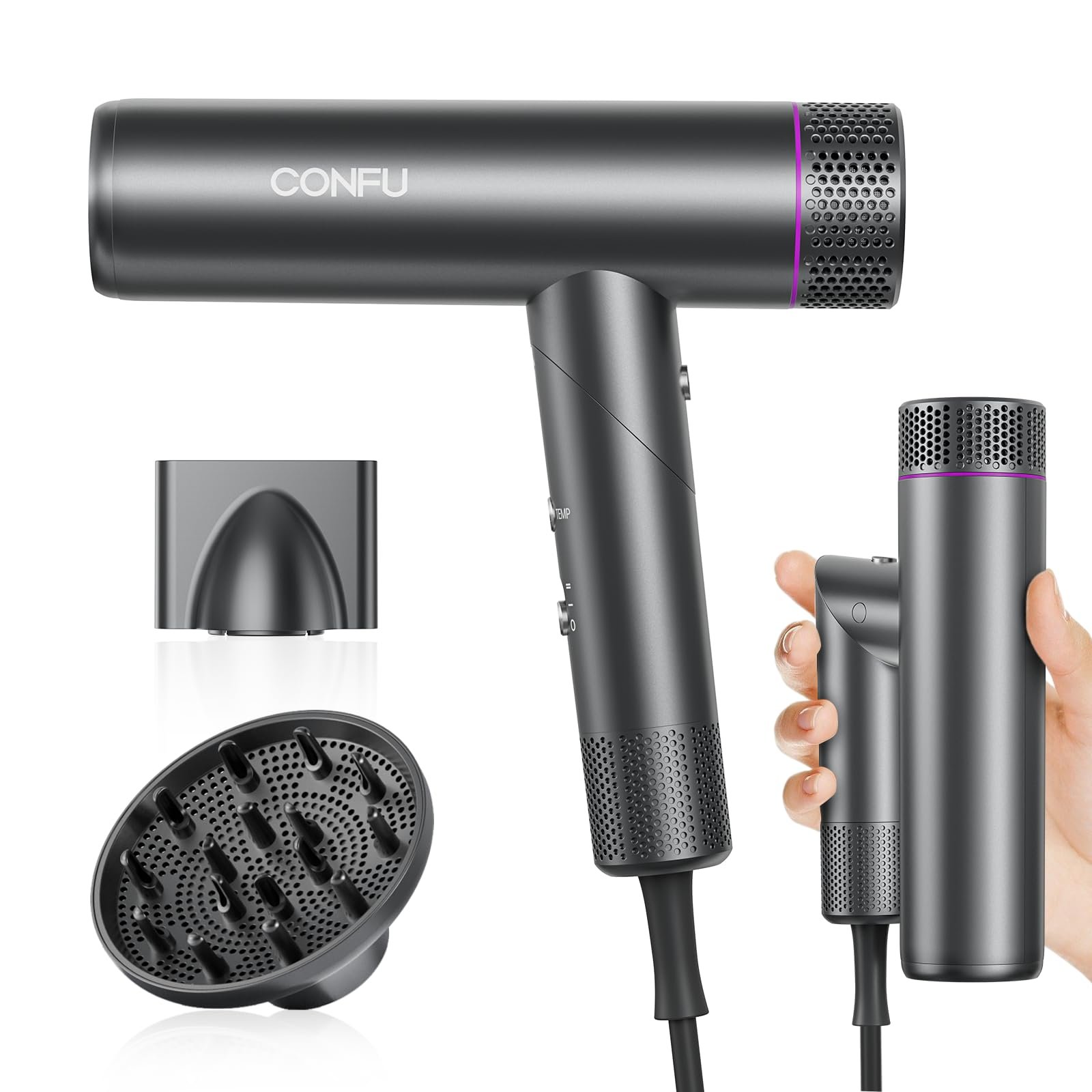 Фен CONFU Ion Professional Salon 1700 Вт, легкий, складной, с низким уровнем шума, магнитным диффузором, стайлинговой насадкой, очень длинным кабелем для дома, салона и путешествий, фото №1