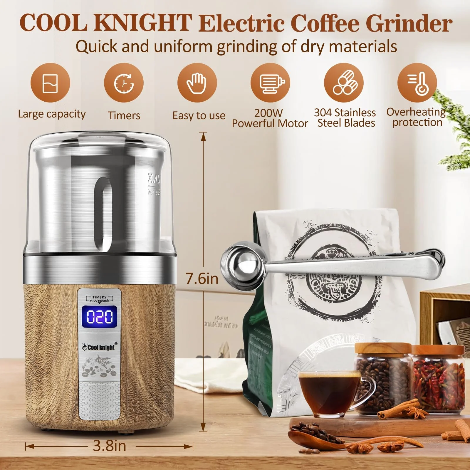 Електрична Кавомолка COOL KNIGHT 100г, для спецій, кавових зерен, горіхів, фото №6