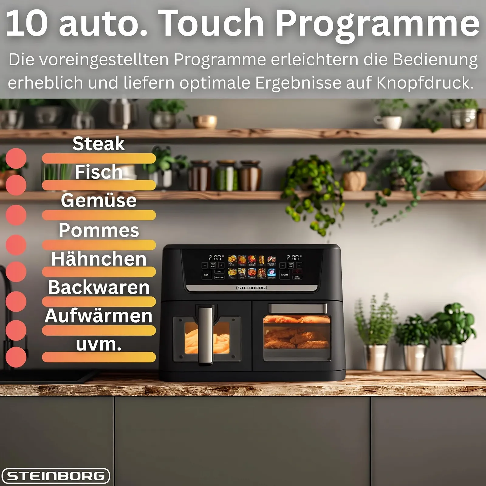 Мультипечь Steinborg XXL Hot Air Fryer Dual Zone 14 L (8L + 6L) 1700W 10 программ 60-200°C Black, фото №4 Мультипечь Steinborg XXL Hot Air Fryer Dual Zone 14 L (8L + 6L) 1700W 10 программ 60-200°C Black, фото №4