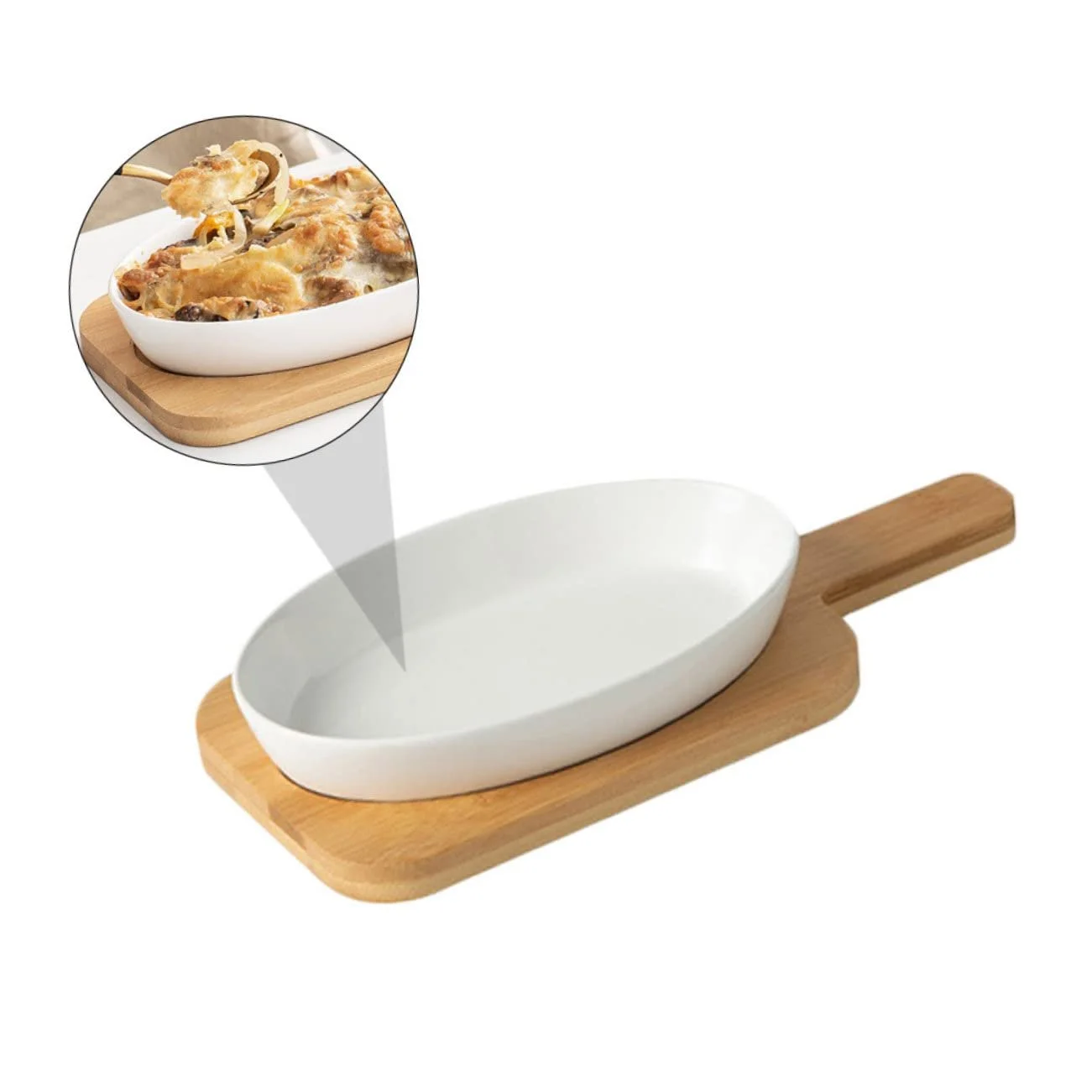 Форма для запекания Toyvian керамическая овальная с деревянной подставкой термостойкая антипригарная, фото №6