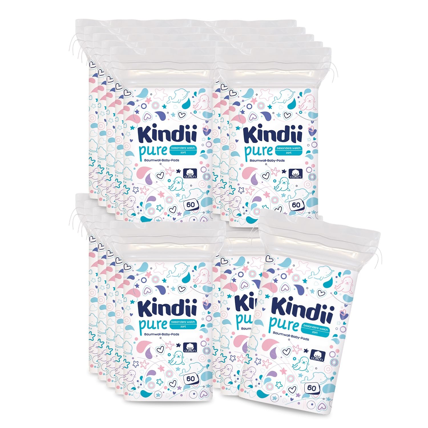 Дитячі подушечки Kindii Pure 100% бавовна Великі квадратні для чутливої шкіри 60 штук, фото №1
