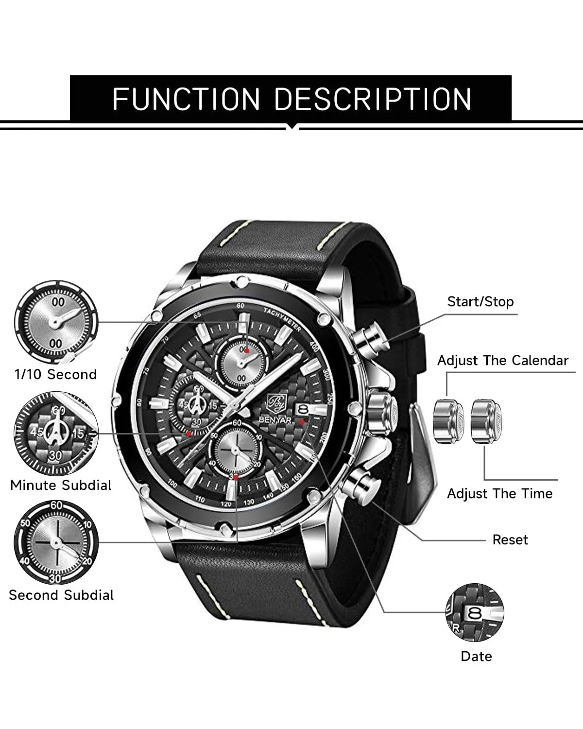 Чоловічий годинник BY BENYAR Кварцовий Хронограф Шкіряний Ремінець Чорний, фото №3