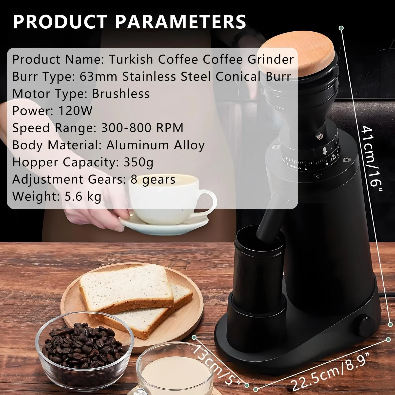 Профессиональная электрическая кофемолка Professional с плоским/конусным помолом, вместимость 350 г зерен, таймер 0,1-19,9 с, алюминиевый корпус для офиса, кафе и дома 63 мм Белая, фото №8