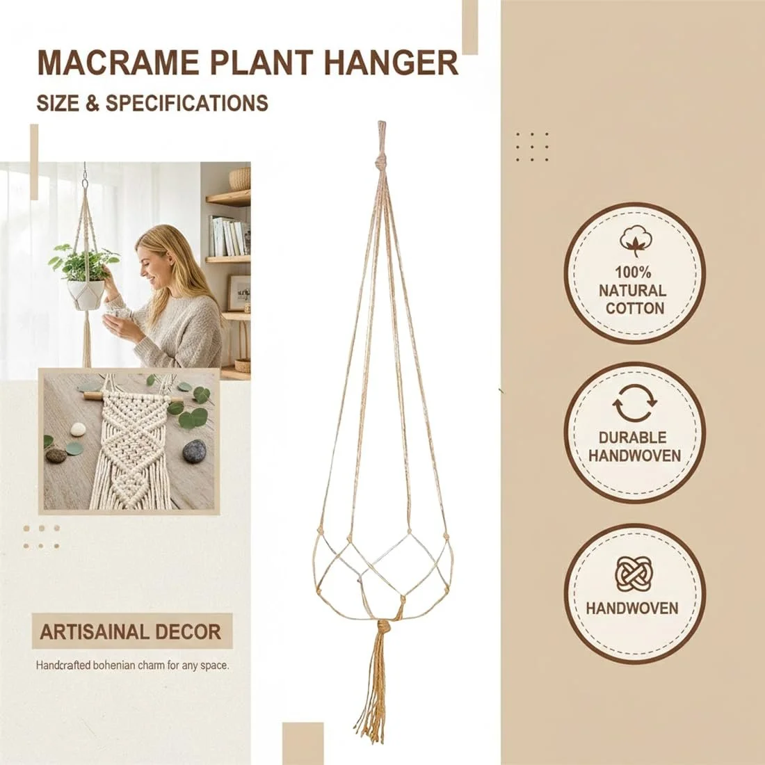 Підвісне кашпо Macrame 105 см Бавовняна мотузка Плетене (Потовщене), фото №2 Підвісне кашпо Macrame 105 см Бавовняна мотузка Плетене (Потовщене), фото №2