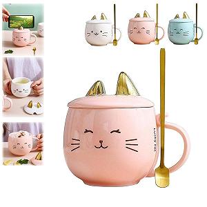 Кружка керамическая Креативная Животные Уши Крышка и ложка 480 мл Розовый - Фото 1