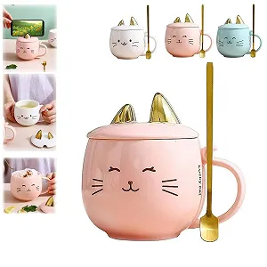 Кухоль керамічний Креативний Тварини Вуха Кришка і ложка 480 мл Рожевий - Фото 1