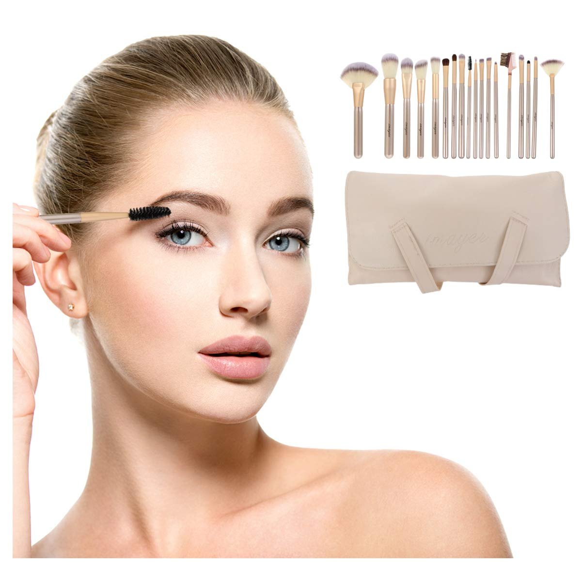 Набір пензлів для макіяжу Beaupretty 18 шт, професійні, для змішування, для основи, для пудри, для тіней, з косметичкою, бежевий, фото №5