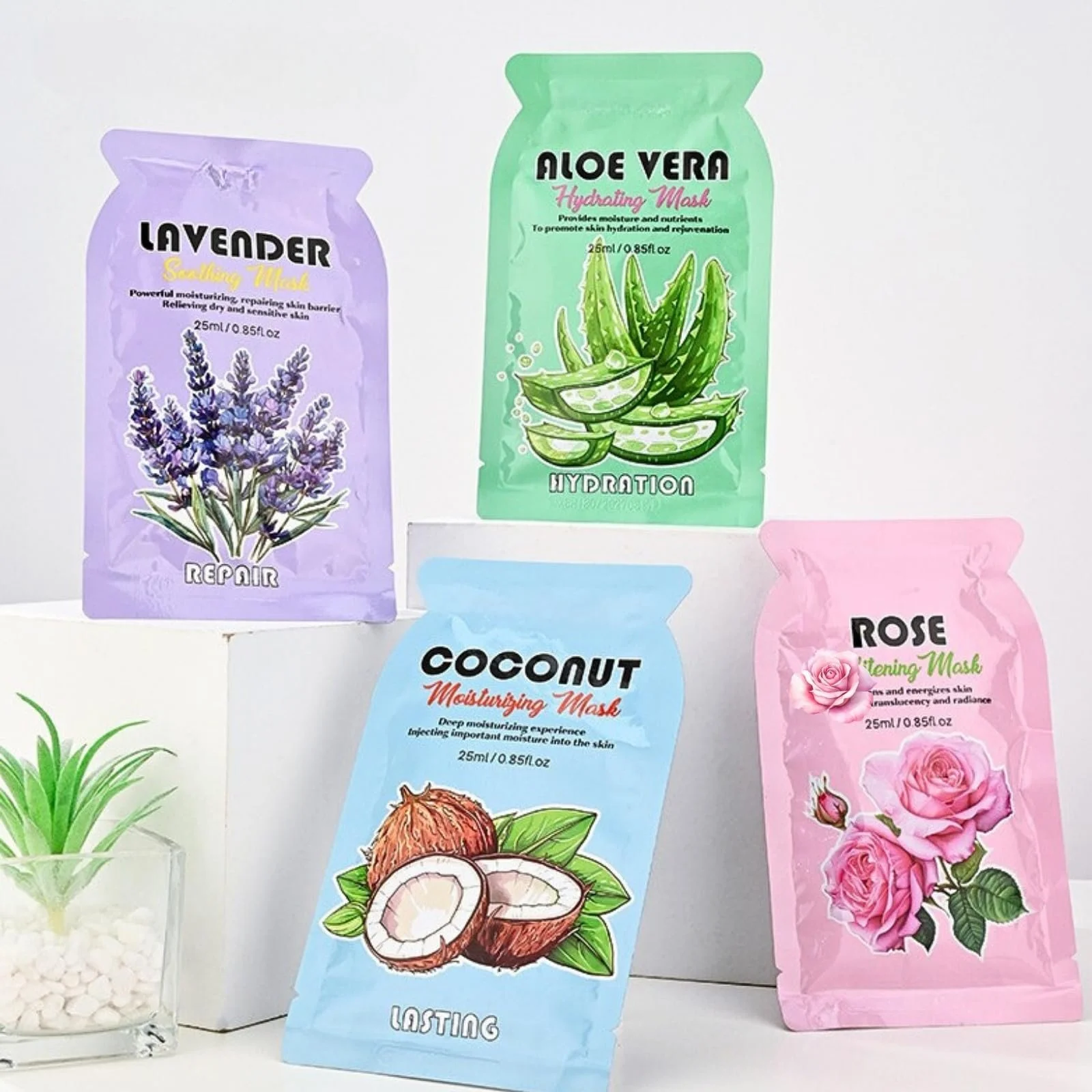 Набір тканинних масок для обличчя з кокосом, алое, лавандою та трояндою, 8 шт, фото №7