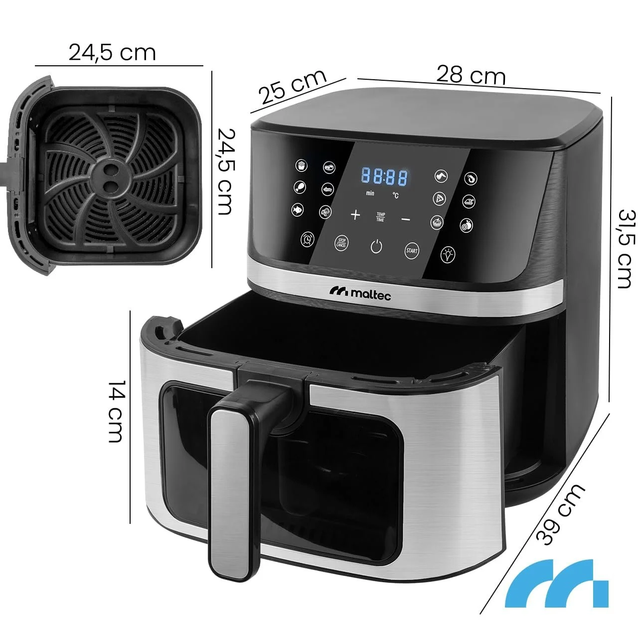Мультипіч MalTec AirFryer1800W-7L 7 л 12 програм LED-екран Чорний, фото №2 Мультипіч MalTec AirFryer1800W-7L 7 л 12 програм LED-екран Чорний, фото №2